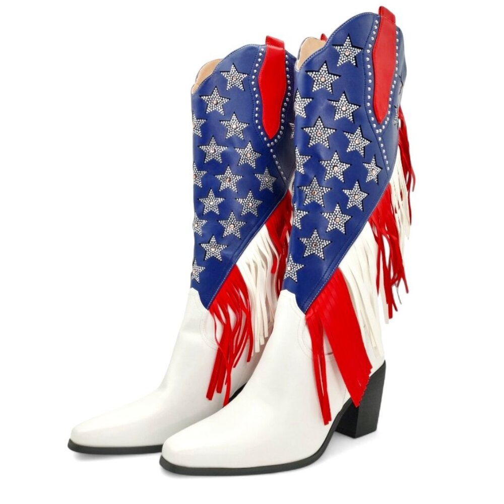 American Flag Size 11 Rhinestone Stars Fringe Knee High Block Heel Western Boot - Picture 7 of 16